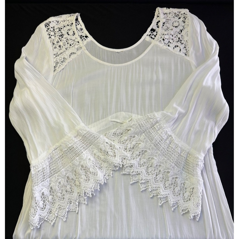 Mlle Gabrielle Dress M 3/4 Sleeve Tie Waist Crocheted Trim‎ Boho Coastal Fairy - Picture 2 of 14